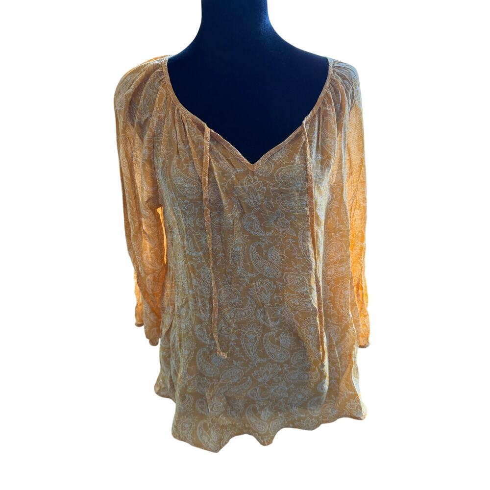 Fred David Mustard Yellow Paisley Blouse Women’s Medium Long Sleeve V-Neck